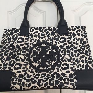 Tory Burch mini ella tote navy leopard print.